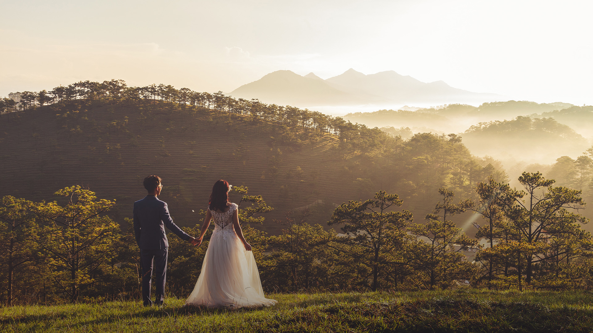 Couple at wedding looking at the horizon