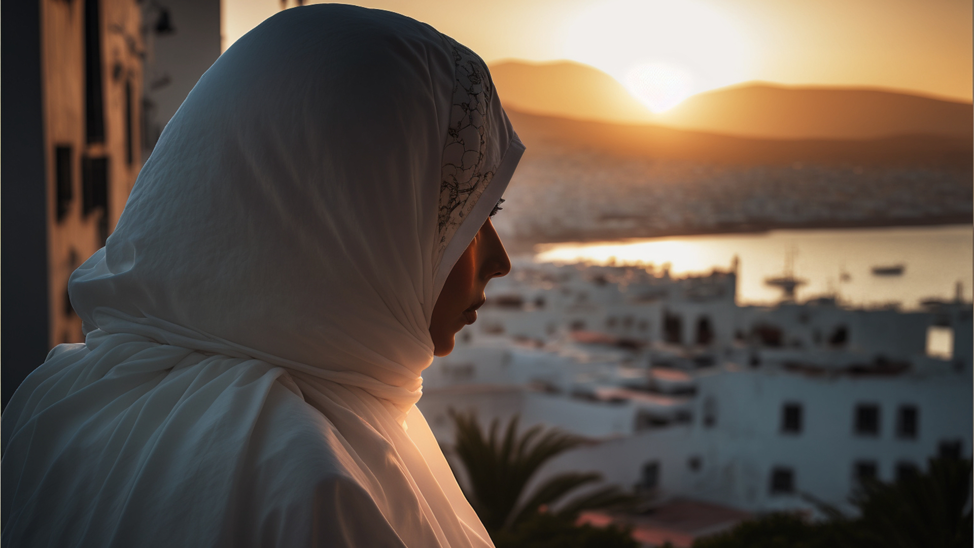 Muslim woman looking out to the sunset