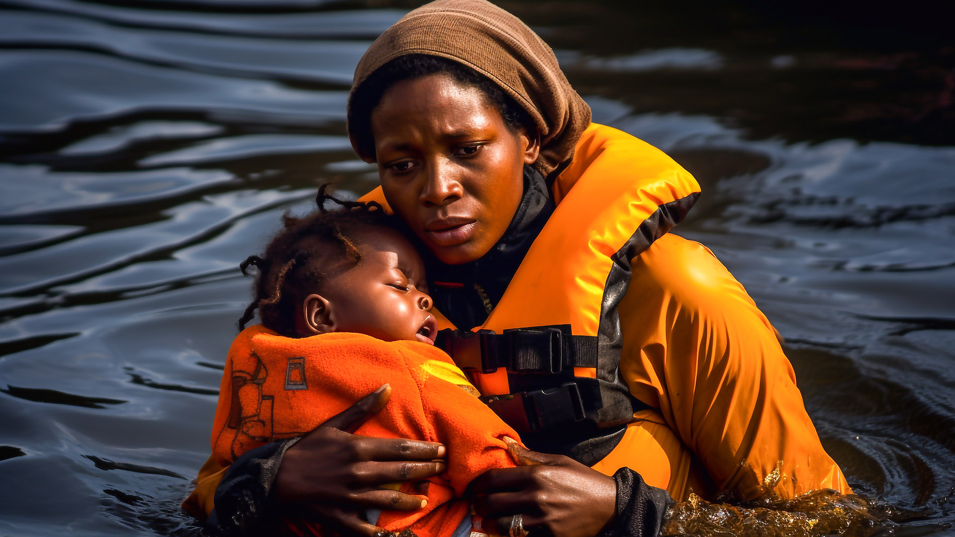 sad mother holding crying child in water